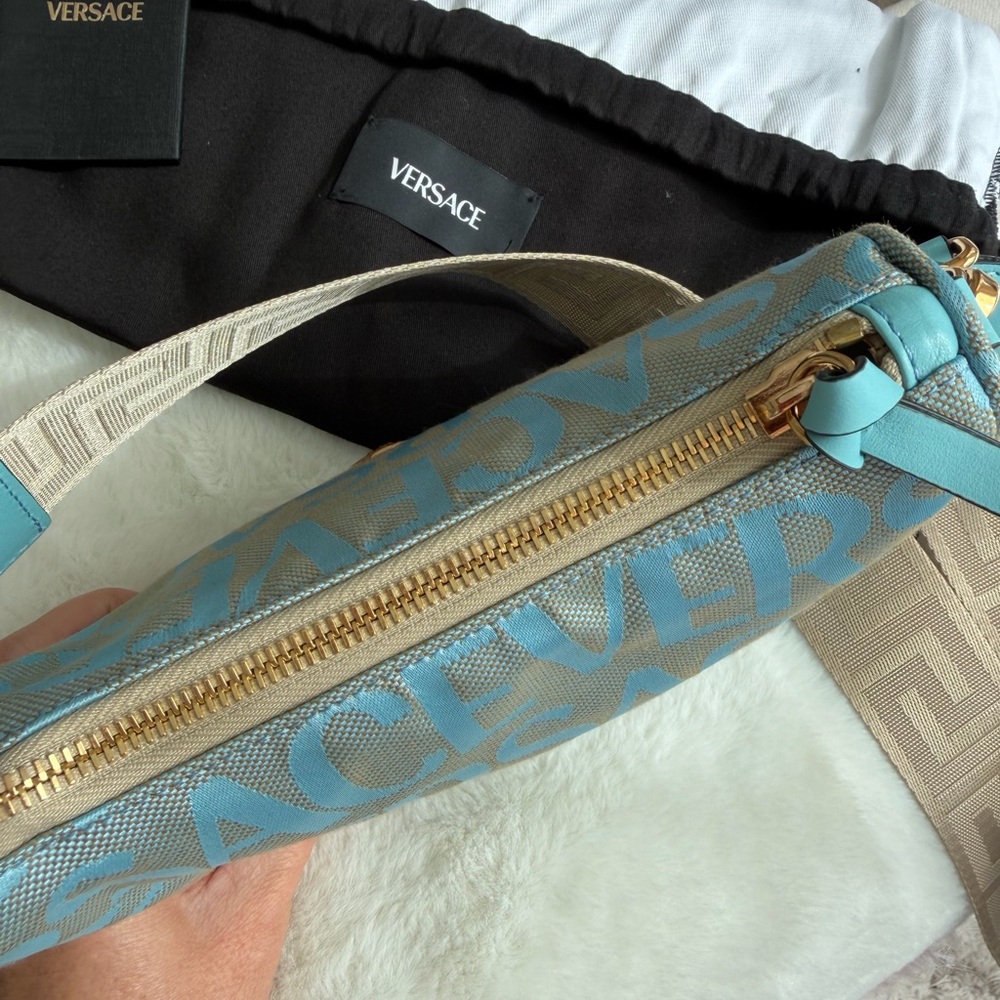 Versace Sky Blue Logo Crossbody Bag with Gold Chain - Picture 7 of 13